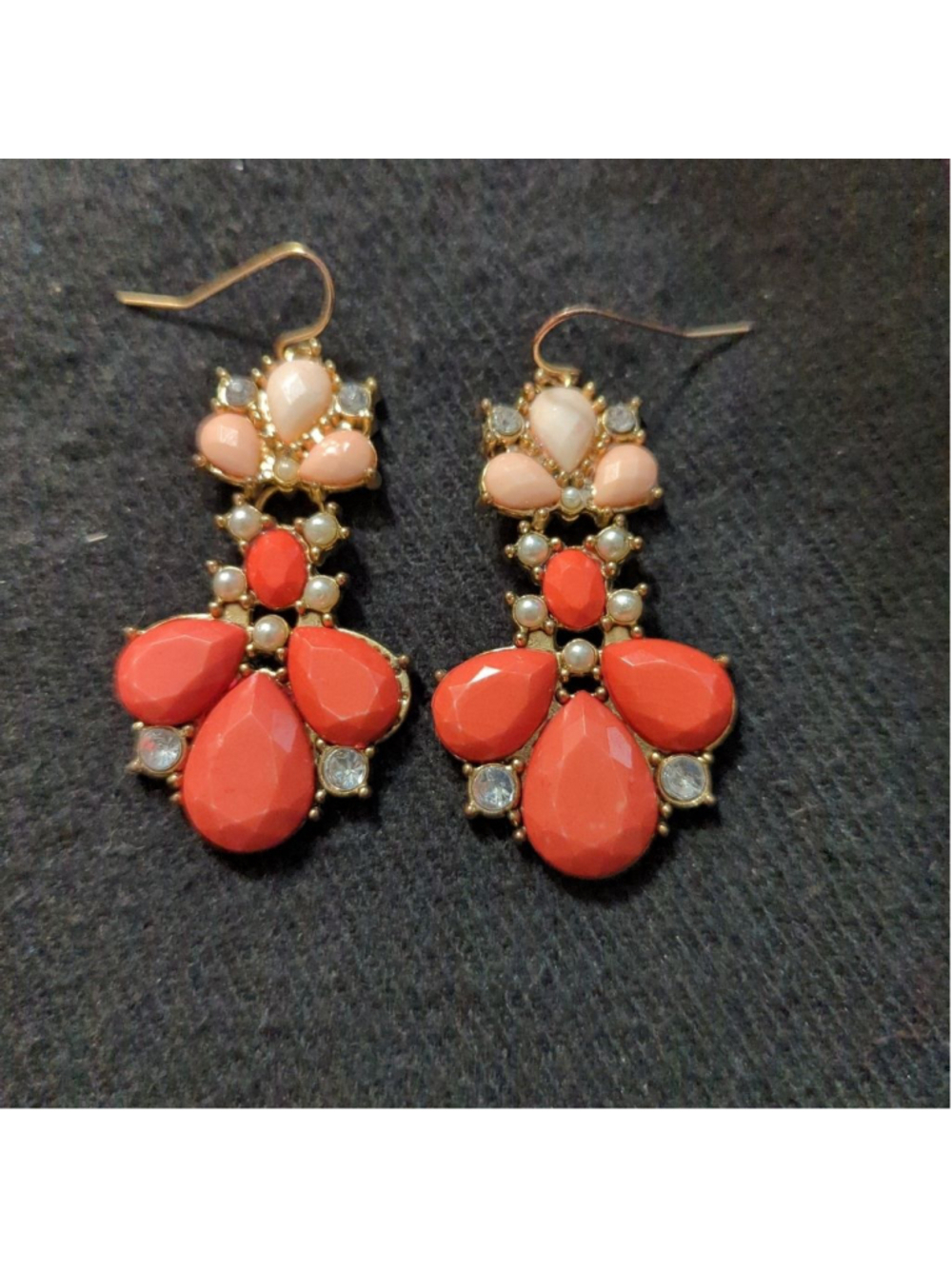 Gold Tone Pink Peach Coral Rhinestone Faux Pearl Dangle Drop Statement Earrings